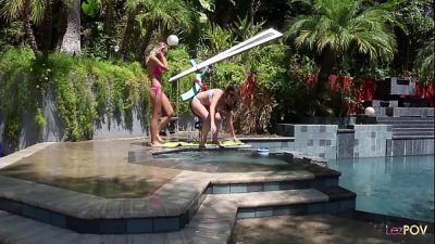 Two beautiful vixens are sitting by the pool and then go inside for an intense fuck